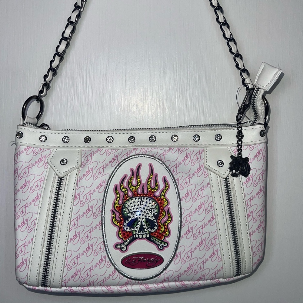 NWT Ed Hardy White & Pink Embellished Shoulder Bag with Rhinestone Skull Accent